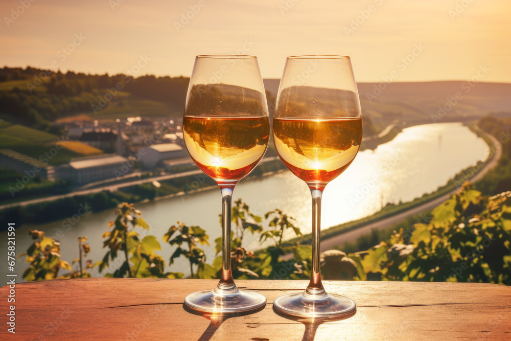 romantic summer evening with a glasses of wine, surrounded by the lush vineyards of the river valley.