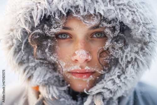 A beautiful individual facing the harsh arctic conditions, bundled in warm clothing to prevent frostbite.
