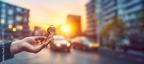 A hand holding a car key, symbolizing the connection between housing and vehicle ownership, and the financial aspect of real estate. photo