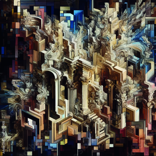 Image that fuses the fragmented and abstract forms of Cubism with the ornate, dramatic grandeur of Baroque architecture