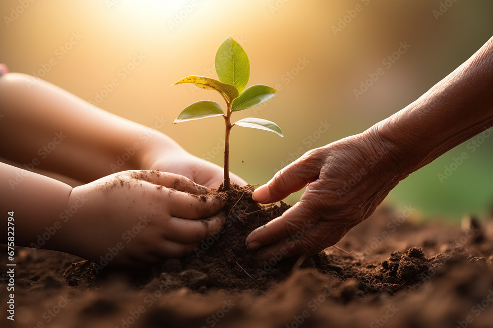 Human hands put a tree into the soil for World Environment Day concept - obrazy, fototapety, plakaty 