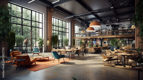 Stylish Indoor Co-Working Space with Trendy Modern Furniture  Comfortable Chairs  Chic Tables  and Lush Greenery from Fresh Plants Creating a Welcoming and Productive Atmosphere