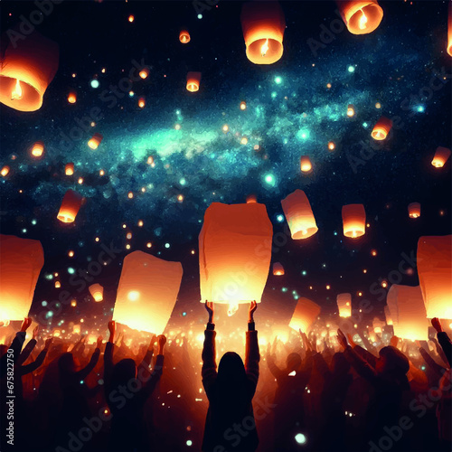 People releasing lanterns into the night sky on New Year's Eve, symbolizing their hopes and dreams