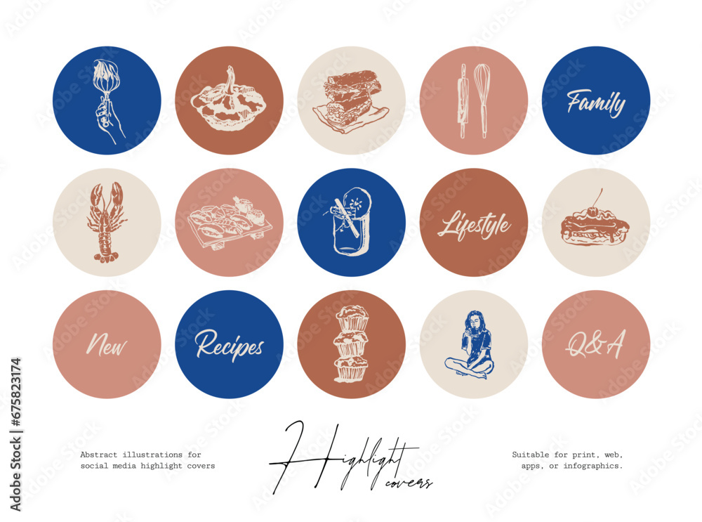 Set of hand drawn line art food and beverages illustrations for social media highlight covers Set of hand drawn line art food and beverages illustrations for social media highlight covers