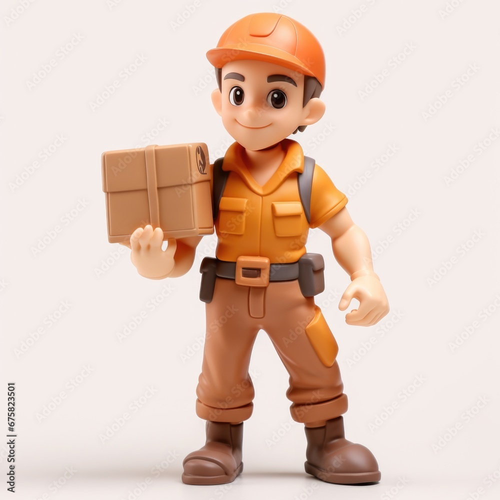 Cute courier character delivering goods on a light background, illustration. Wood, plastic, foam Cute courier character delivering goods on a light background, illustration. Wood, plastic, foam