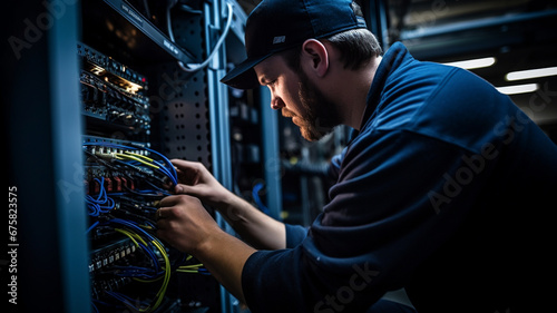 IT Technician at Work: Checking Data Server in Modern Network Environment.