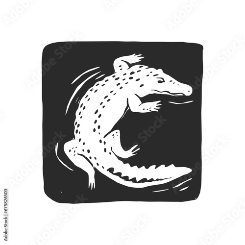 Vector hand-drawn illustration of crocodile on water. Sketch in frame with reptile. Biological stamp design. Australian animal.