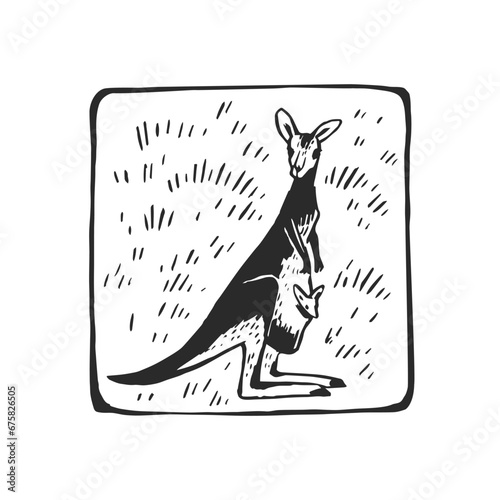 Vector illustration of a kangaroo with a baby in a pouch. Hand-drawn sketch in a frame with a marsupial Australian animal.