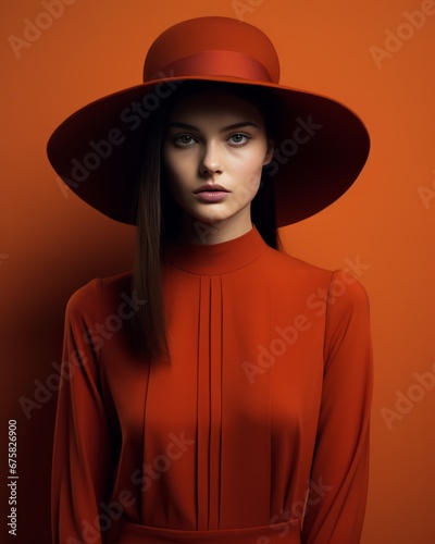 Model in an orange dress with a hat in vintage style © Amari