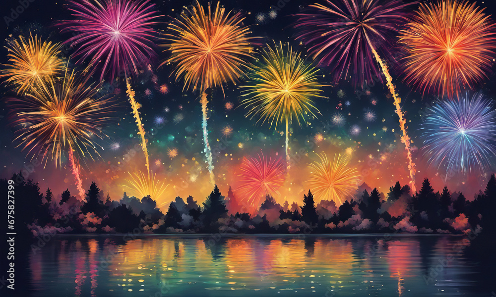 fireworks over the river in the countryside - obrazy, fototapety, plakaty 