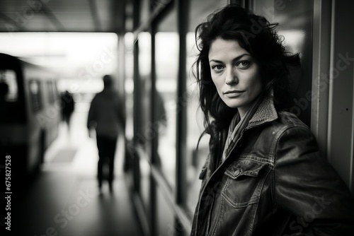 Portrait of a young woman in a train station. Black and white.
