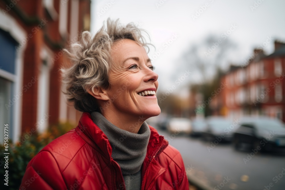 Portrait of a smiling middle-aged woman on the street.