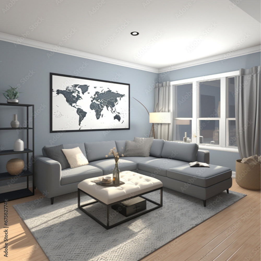 Fototapeta premium a living room with muted blue walls, gray wood panel floors, viewed from the 1st person perspective with 3 walls in frame, the right wall contains two windows with curtains,and a fireplace