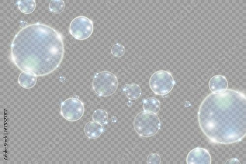 White beautiful bubbles on a transparent background vector illustration. Soap bubbles.	
