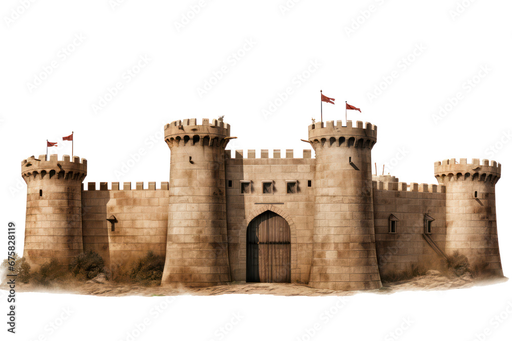 fort surrounded castle on transparent background, png file - obrazy, fototapety, plakaty 