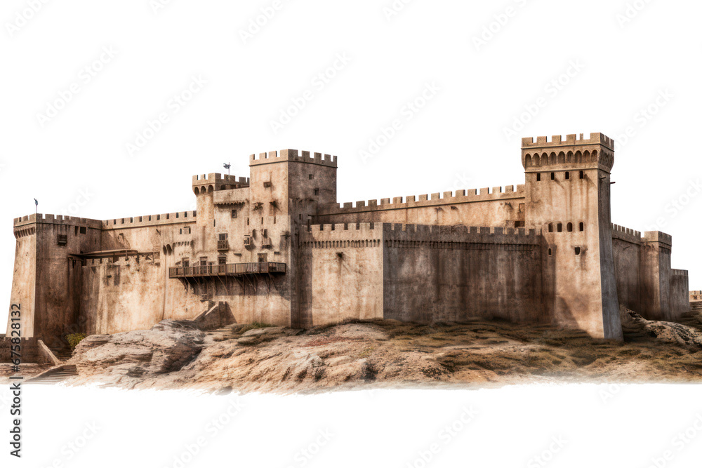 fort surrounded castle with big rocks on transparent background, png file