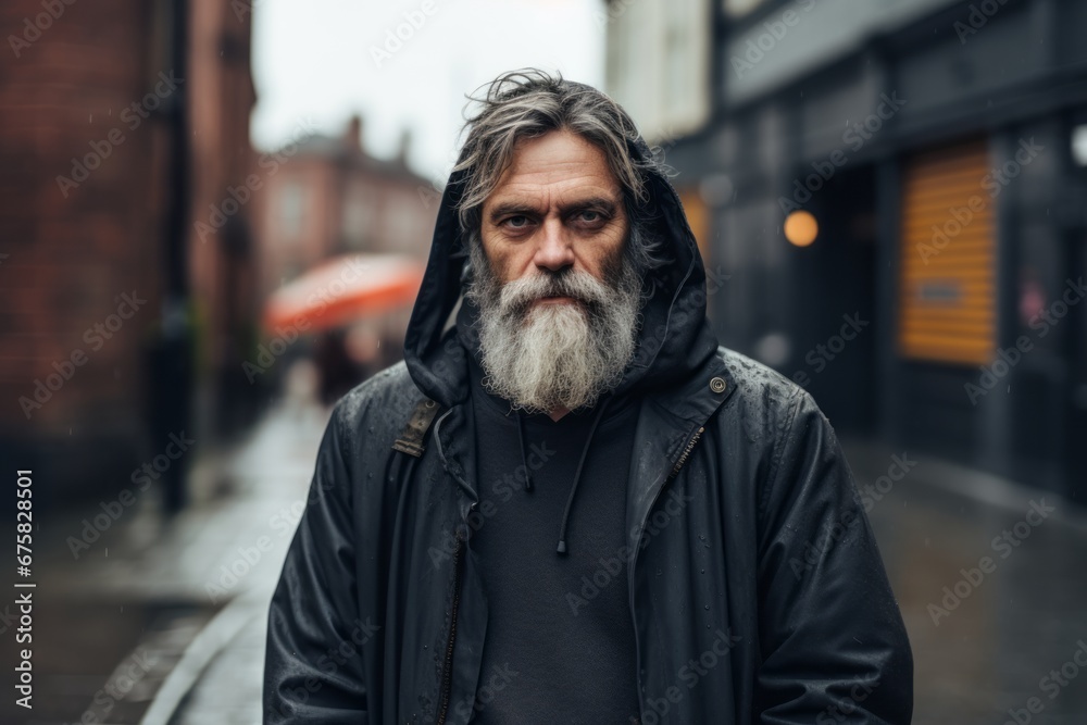 Portrait of an old man with a long gray beard and mustache in a black sweatshirt on the street