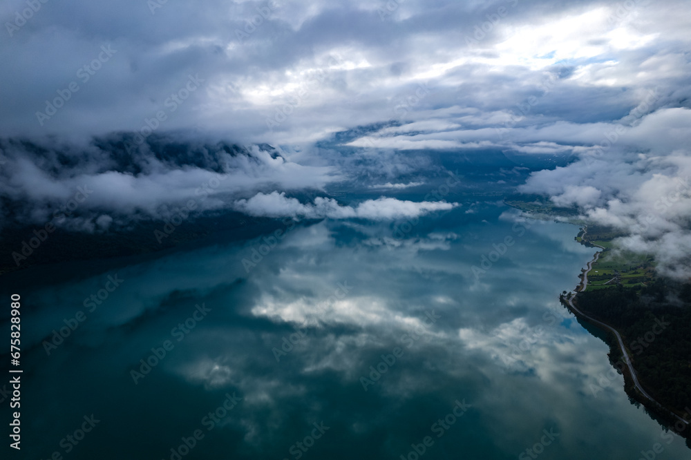 Fototapeta premium Scenic aerial view above Innvikfjorden fjord in Norway