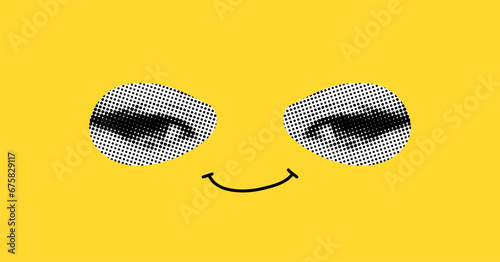Funny face with eyes and a drawn smile. Collage element in halftone effect. Pop art illustration on bright yellow background. Vector pop art.