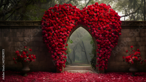 Fototapeta Naklejka Na Ścianę i Meble -  An enchanted garden covered with red flowers and heart-shaped roses, magical Valentine's Day scenery.