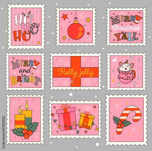 Christmas Postage stamps set with retro cartoon elements. Merry Christmas and Happy New year in trendy groovy hippie style.