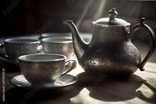 Vintage Teapot and Cups in Sunlit Ambiance