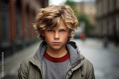 Portrait of a cute little boy with blond curly hair on a background of the city.