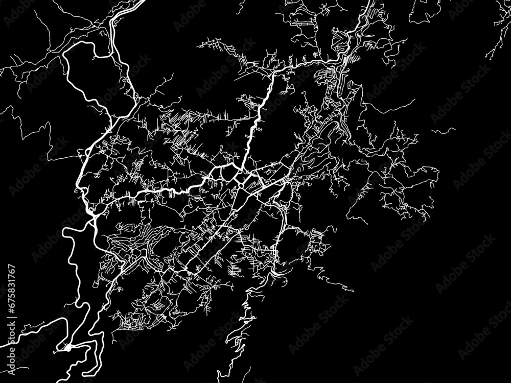 Vector road map of the city of Petropolis in Brazil with white roads on a black background.
