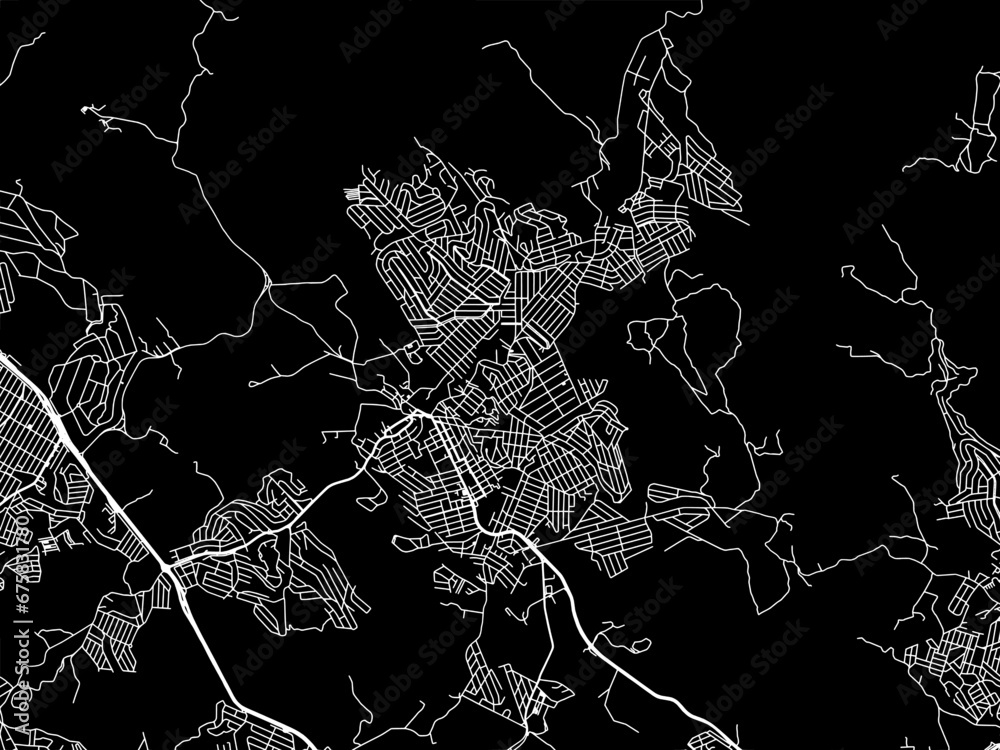 Vector road map of the city of Ribeirao das Neves in Brazil with white roads on a black background.