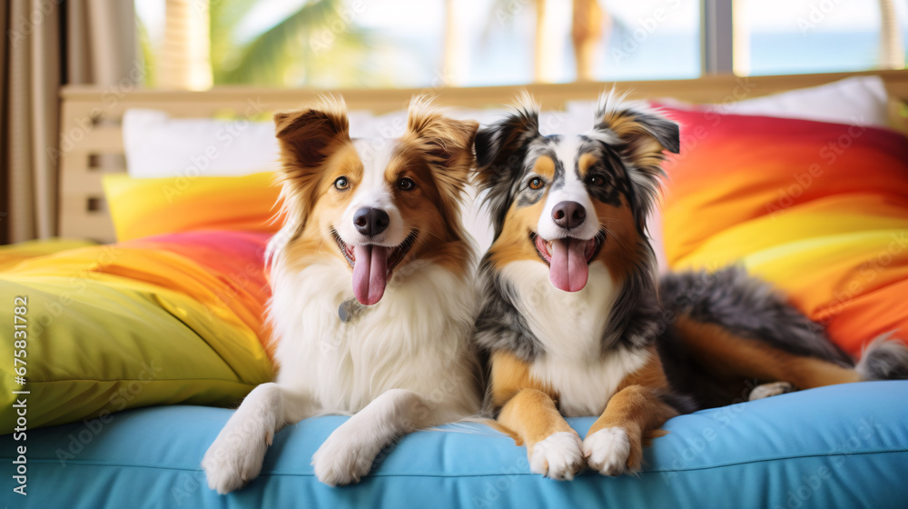 Cute happy dogs at pet friendly hotel, holidays trip with pet concept.
