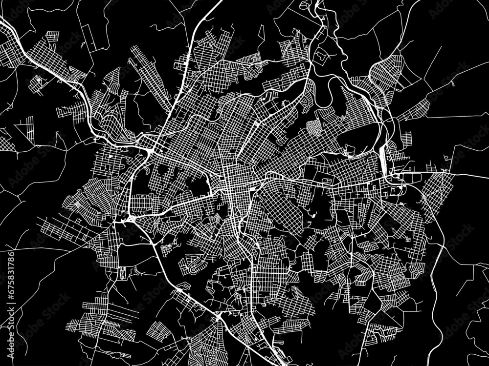 Vector road map of the city of Ponta Grossa in Brazil with white roads on a black background.