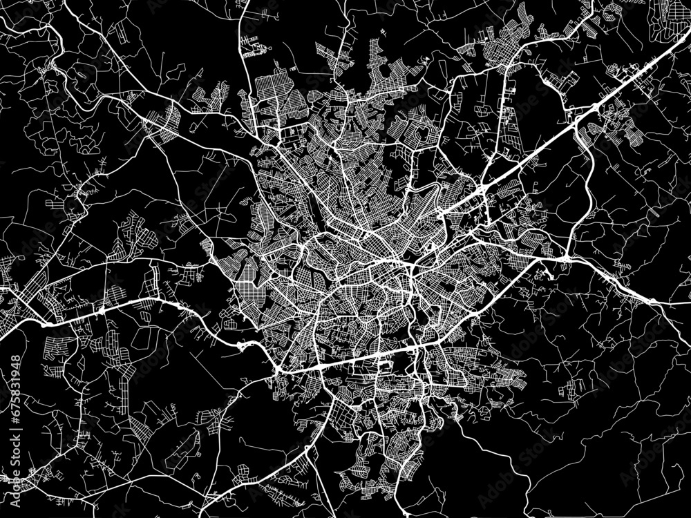 Vector road map of the city of Sorocaba in Brazil with white roads on a black background.