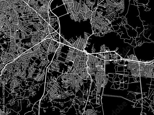 Vector road map of the city of Suzano in Brazil with white roads on a black background.