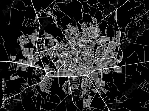 Vector road map of the city of Uberaba in Brazil with white roads on a black background.