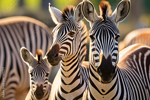 Herd of zebras mother and foal with family in grassland savanna  close up shot  beautiful wildlife animal background.