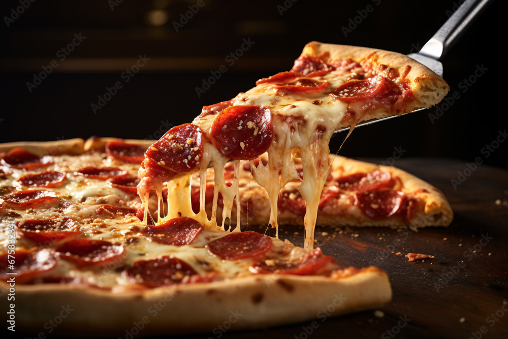 Serving a slice of delicious pepperoni pizza with stretchy cheese using pizza serving spoon. Serving a slice of delicious pepperoni pizza with stretchy cheese using pizza serving spoon.