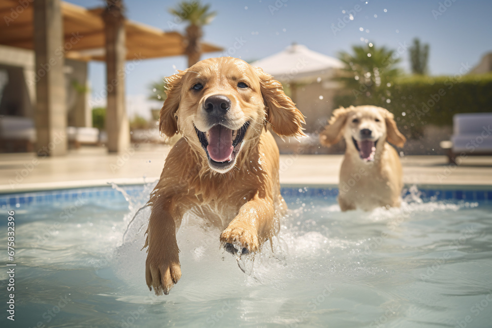 Two cute Golden retriever pupies enjoy playing in pet friendly hotel swimming pool on vacation.
