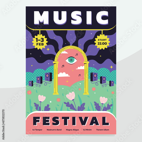 Abstract surreal music festival poster. Trendy bright party template design. Retro hippie stylized artwork of the concert.
