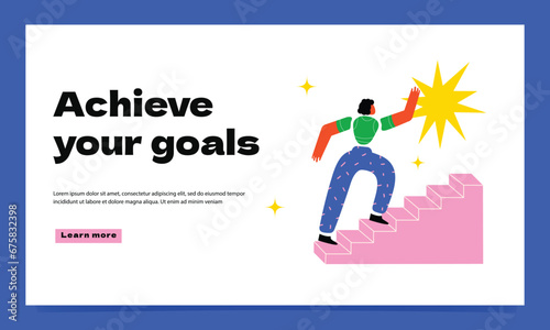 A landing page with an abstract human figure climbing up a ladder and reaching for a star. A symbol of achieving goals, motivation for change.