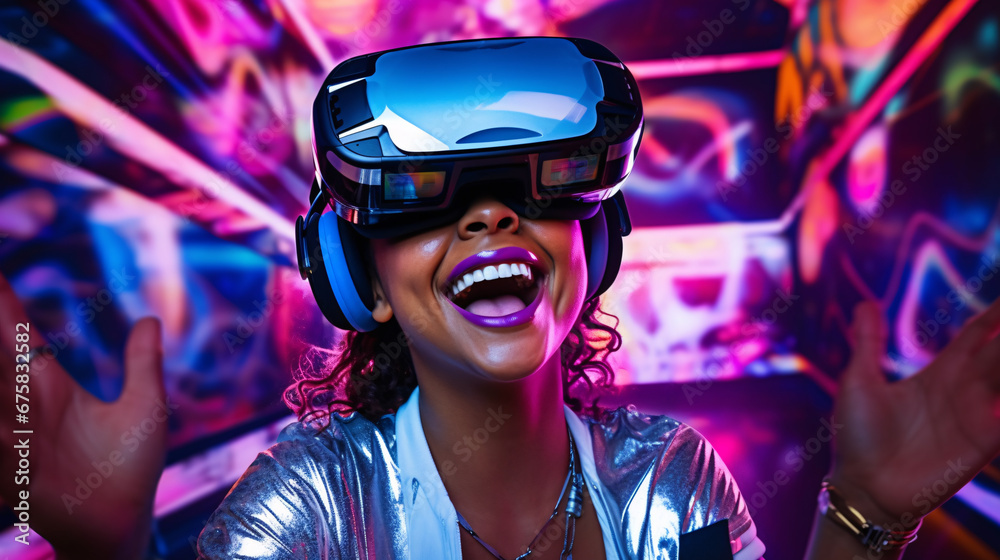 A woman wearing VR headset excited and enjoying futuristic virtual reality cyberspace, innovation technology and gaming concept.
