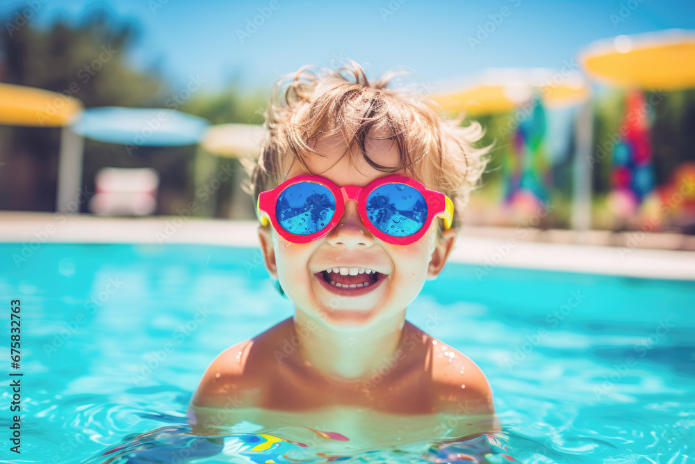 A young boy in swimming goggles, exuding joy and happiness in the pool.