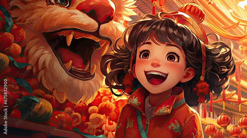 Obraz premium Girl with Chinese lion dances celebrating Chinese new year