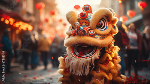 Chinese lion dancing and celebrating the Chinese New Year in the street © hakule