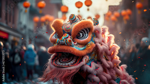 Chinese lion dancing and celebrating the Chinese New Year in the street © hakule