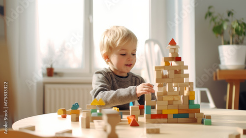 Boy child is playing with building blocks and construction toys