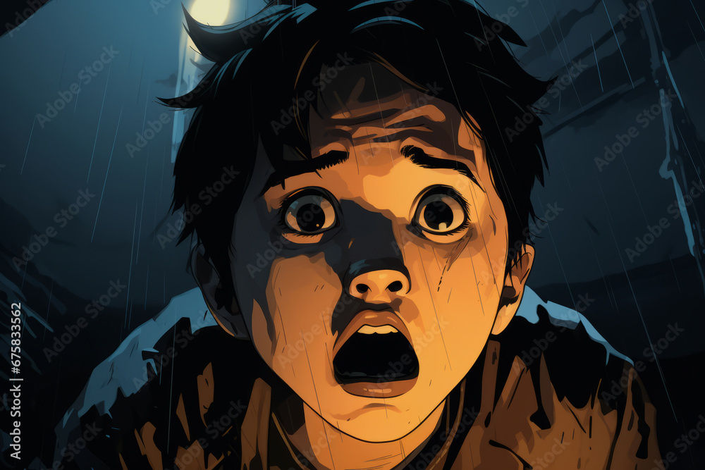 Chinese boy is scared, anime style image, facial expression with fear