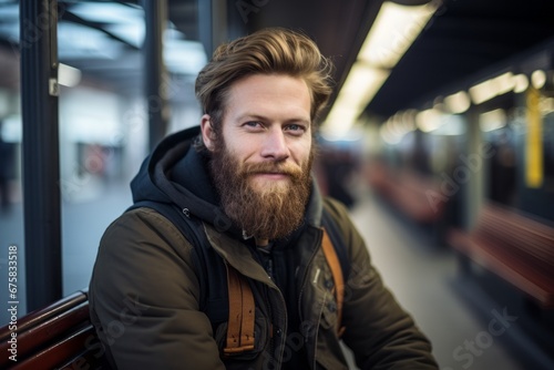 Portrait of a handsome young man with a long beard on the train station.