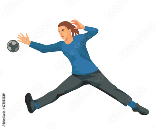 Girl figure of a professional women's handball goalkeeper in a blue uniform jumps in the splits and catches the ball