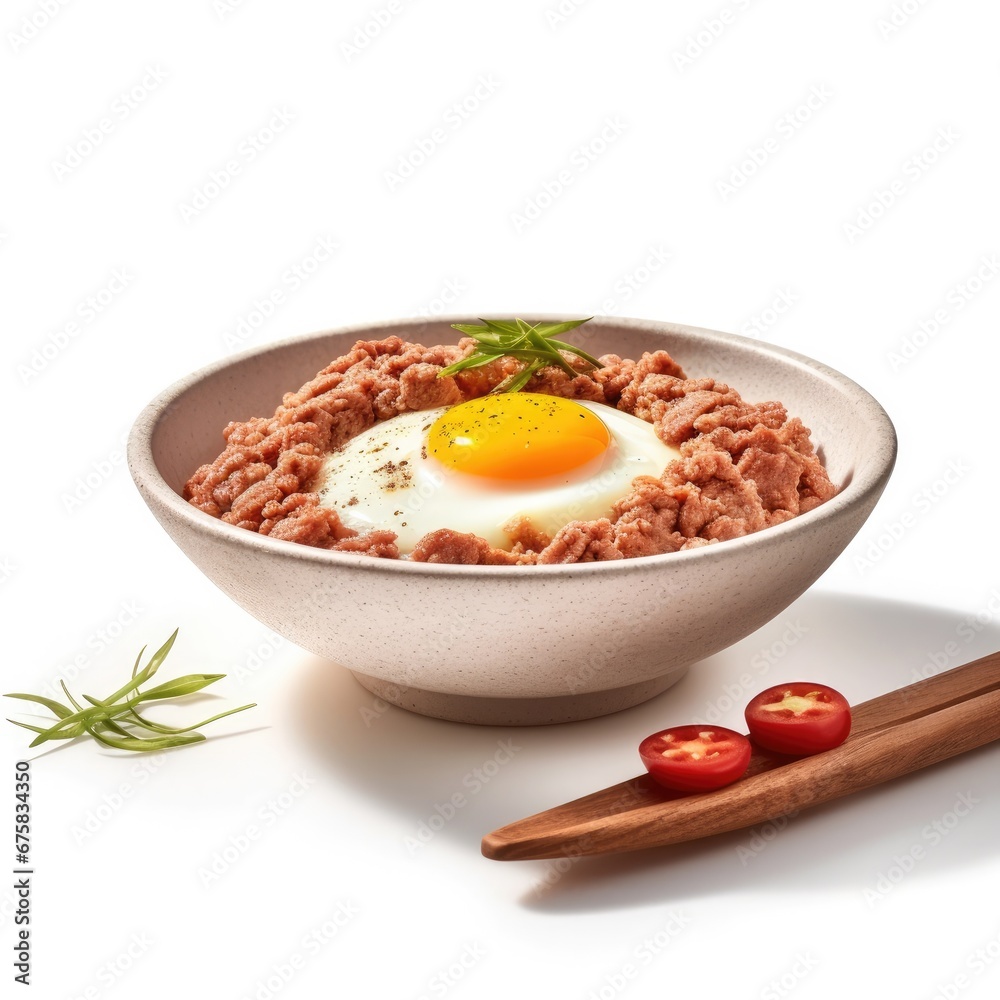 Ground Meat w Raw Egg in White Ceramic Bowl Ground Meat w Raw Egg in White Ceramic Bowl
