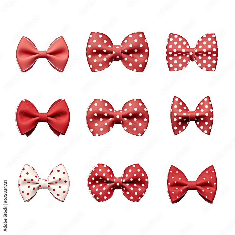 Bowtie-shaped Red Paper Stickers with White Polka Dots Isolated on Transparent or White Background, PNG